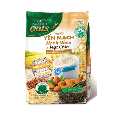 Combo 2 túi: N.Cốc Yến Mạch Hạnh Nhân Hạt Chia ít đường 400G + N.Cốc Gạo Lứt No Sugar[đường ăn kiêng]400G(Tặng Kèm 2 Túi Yến Mạch 150G)