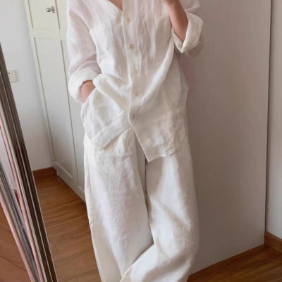 Set bộ gồm áo sơ mi dài tay và quần dài ống rộng thời trang, dễ mặc, phong cách Hàn Quốc 