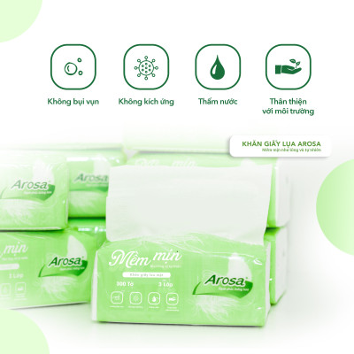 Khăn giấy lụa cao cấp Arosa Túi 10 Gói 300 tờ 3 lớp Trắng tự nhiên, Đa công dụng và tiện lợi, Phù hợp cho cả mẹ bầu và em bé, 100% bột giấy nguyên sinh rừng trồng