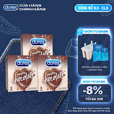 Bộ 3 hộp bao cao su Durex Naughty Chocolate hương socola, size 52mm, 3 bao/hộp