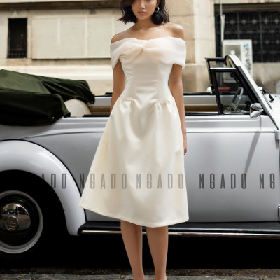 Đầm bẹt vai phối voan kem NGADO, Đầm dự tiệc sang chảnh, Đầm hở vai