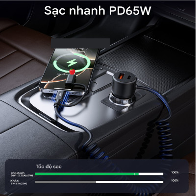 Tẩu sạc nhanh 2 cổng trên ô tô 110W Choetech TC0038 tích hợp cáp lò xo Type C kèm đầu nối IP dài 1.5M (Hàng chính hãng)