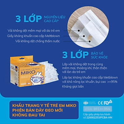 Combo 10 Hộp Khẩu trang y tế trẻ em Miko Họa tiết cao cấp, có dây đeo mềm không đau tai