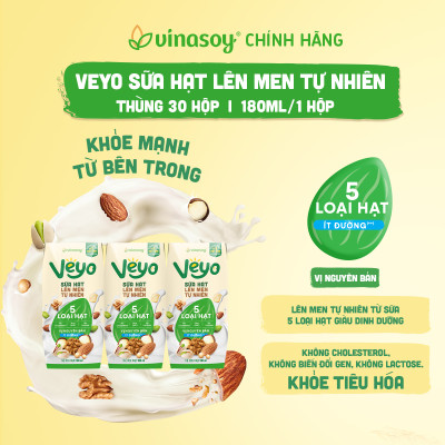 Thùng Sữa hạt Veyo lên men tự nhiên Vị Nguyên bản Ít đường (30hộp x 180ml)