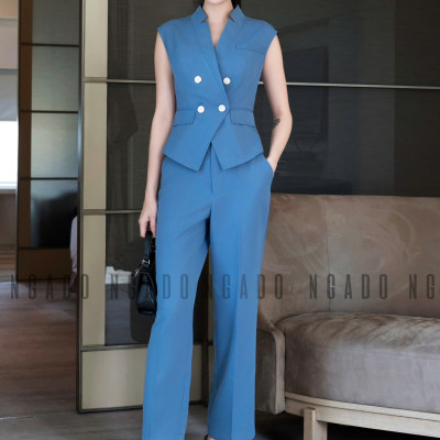 Set vest xanh cổ V NGADO , set áo quần Nữ , set công sở
