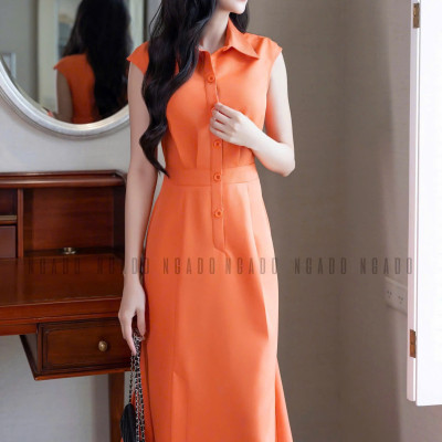 Đầm cam eo xếp ly NGADO , đầm thiết kế , đầm công sở , dạo phố