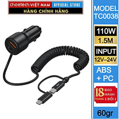 Tẩu sạc nhanh 2 cổng trên ô tô 110W Choetech TC0038 tích hợp cáp lò xo Type C kèm đầu nối IP dài 1.5M (Hàng chính hãng)
