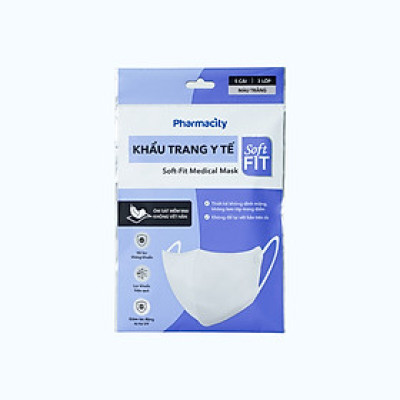 Khẩu trang y tế Soft-Fit Pharmacity (Gói 5 cái) màu trắng - 3 lớp