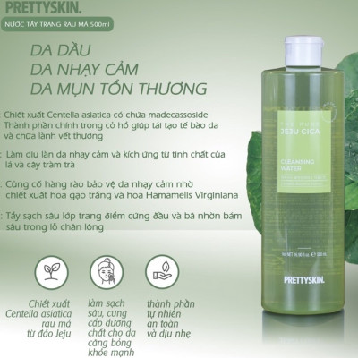 Nước Tẩy trang Rau Má Cho Da Dầu Mụn Pretty Skin The Pure Jeju Cica Cleansing Water 500ml