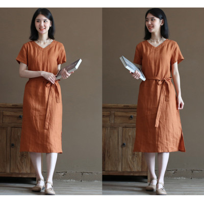 Đầm váy linen nữ dáng suông dài cổ tim, phong cách nữ thanh lịch Haint Boutique Da193
