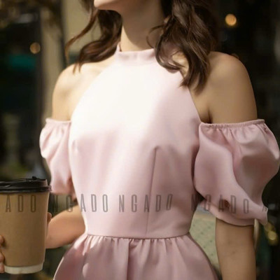 Đầm hồng cổ yếm tay phồng NGADO , đầm cổ yếm , đầm kiểu Nữ