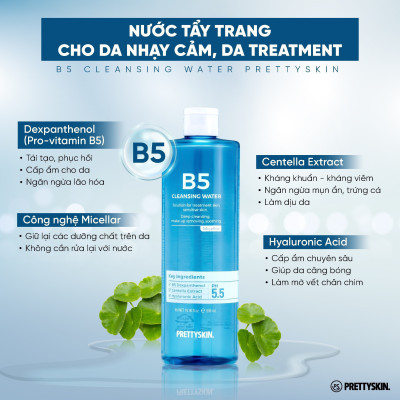 Nước tẩy trang dưỡng ẩm, dịu nhẹ B5 Pretty Skin Cleansing Water dành cho da nhạy cảm, da treatment 500ml