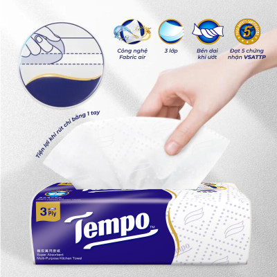 [MUA 2 LỐC TẶNG 2 GÓI KHĂN ƯỚT + 1 GIÁ ĐỠ] Khăn Giấy Lau Bếp Dạng Gói Rút Tempo Siêu Thấm Hút, Bền Dai, Thương Hiệu Đức