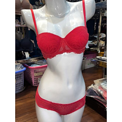 Bộ đồ lót cúp ngang 3/4 ren hoa phối lưới mút vừa nâng ngực quần lót nửa mông