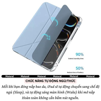 Bao da Cho IPAD Gen 11 A16 2025 / Gen 10 hiệu Mutural Clear Pro - Lưng PC trong suốt , viền TPU, Có Khay Đựng Bút, Bao Da Thông Minh, tự động tắt mở màn hình - Hàng nhập khẩu