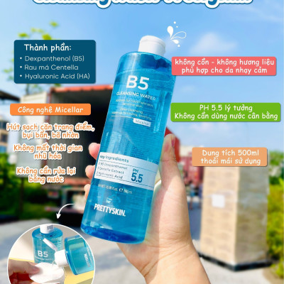 Nước tẩy trang dưỡng ẩm, dịu nhẹ B5 Pretty Skin Cleansing Water dành cho da nhạy cảm, da treatment 500ml