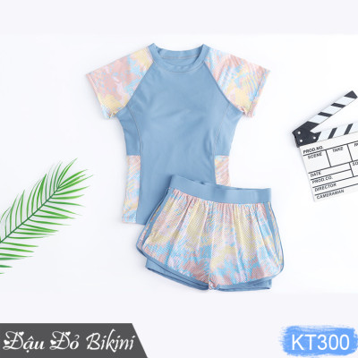 Bộ bơi nữ dáng áo thun ngắn tay quần short đùi 2 lớp kín đáo, có sẵn đệm ngực tròn, thiết kế trẻ trung, dấu bụng tốt, chất thun bơi Hàn cao cấp | KT300
