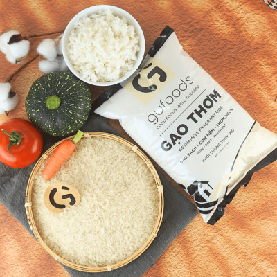 Gạo thơm GUfoods (1kg) - Cơm mềm dẻo, Thơm tự nhiên, Hạt dài, Nguyên liệu vựa lúa Đồng bằng Sông Cửu Long