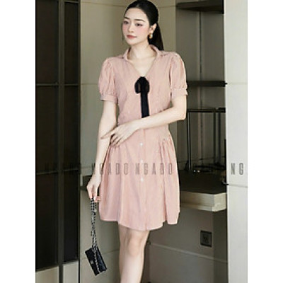 Đầm sọc cam đính nơ NGADO , đầm kiểu Nữ , đầm kẻ sọc