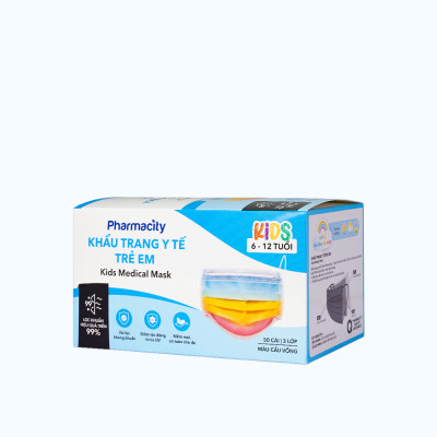 Khẩu trang y tế 3 lớp trẻ em 6-12 tuổi Pharmacity (Hộp 50 cái) màu cầu vồng