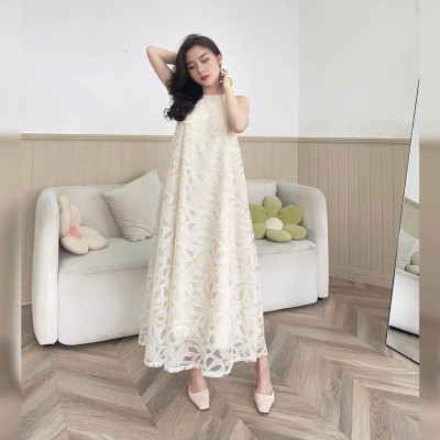 Váy maxi ren hoa cổ yếm cao cấp
