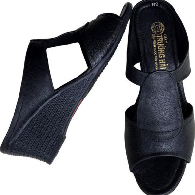 Dép nữ đế xuồng Trường Hải cao 6.5cm quai dép da bò thật không bong tróc đế cao su không trơn thời trang cao cấp DXN0822