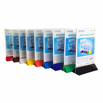 Kệ menu nhà hàng, Standee mica để bàn, Bảng quét mã QR Code, Kệ mica 2 mặt Enter E06-A 210x300mm đế lùa uốn chân chữ A