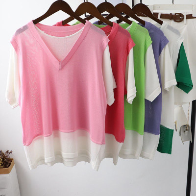 áo thun nữ hai mảnh vải mỏng len dệt kim ngắn tay freesize