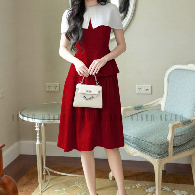 Đầm đỏ phối vạt trắng NGADO , đầm kiểu Nữ , đầm dự tiệc , công sở