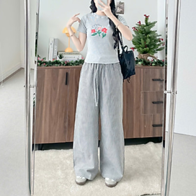 Quần dài kẻ sọc ống rộng có dây rút chất vải thoáng mát Kona Miều Est.2013