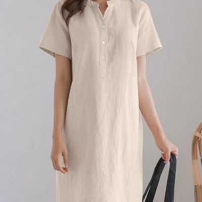 Đầm linen sơ mi nữ dáng mini, thiết kế cổ tàu đóng cúc kín đáo thanh lịch, phong cách trẻ trung NH199
