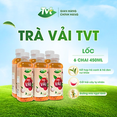[Lốc 06 chai 450ml] Trà Vải TVT- thanh mát, tự nhiên từ nước cốt vải thiều, trà xanh nguyên chất