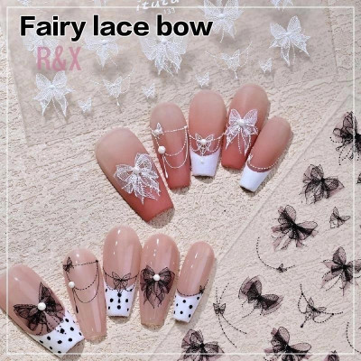 Sticker 5D Ren Nơ Đính Ngọc Hình Cánh Bướm CA6896 Nơ Ren Nổi Đính Đá Trắng Tinh Khôi