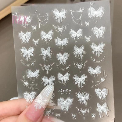 Sticker 5D Ren Nơ Đính Ngọc Hình Cánh Bướm CA6896 Nơ Ren Nổi Đính Đá Trắng Tinh Khôi