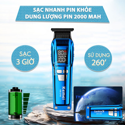Tông đơ chấn viền Kemei KM-2795 lưỡi cắt mạ carbon DLC cao cấp công suất mạnh mẽ 8W sạc nhanh USB pin lâu - Chính hãng
