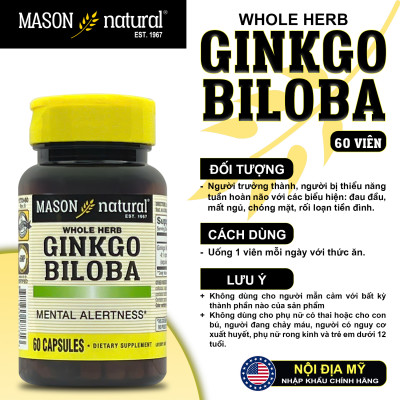 Ginkgo Biloba 125mg Mason Natural Hộp 60 viên giúp hoạt huyết dưỡng não giảm đau đầu chóng mặt