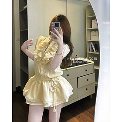 Váy sơ mi vàng bèo ngực đai hoa-Đầm nữ xinh