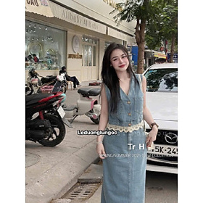 Set Váy Jean Dài Phối Áo Sát Nách Kèm Ren Nữ