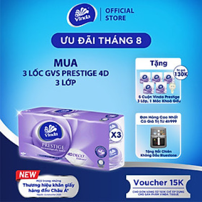 [MUA 3 LỐC GVS PRESTIGE 4D TẶNG 5 CUỘN + 1 MÓC KHÓA] Giấy vệ sinh cao cấp Vinda Prestige 4D 3 lớp (8 Cuộn)