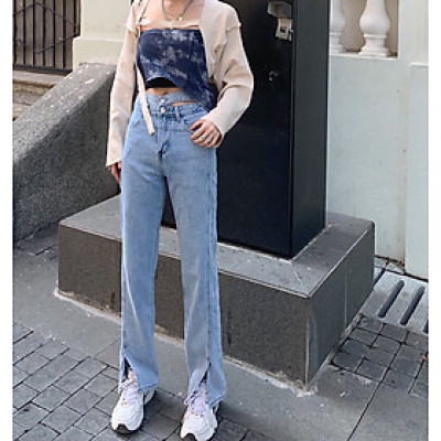 Quần Jeans ống rộng cạp cao cao cấp cho Nữ