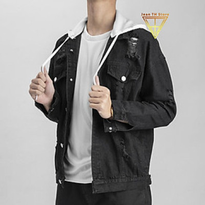 Áo khoác jean nam đen có nón nỉ in Skul Dust, áo khoác bò cá tính, trẻ trung