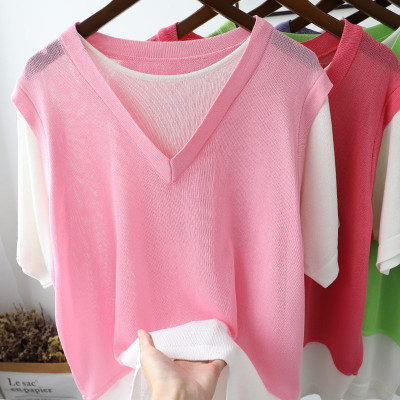 áo thun nữ hai mảnh vải mỏng len dệt kim ngắn tay freesize