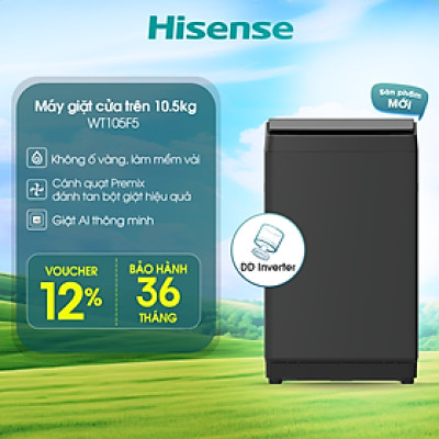 |SP MỚI 2025| Máy giặt Hisense Inverter 10.5kg WT105F50 Giặt AI, Mềm vải sạch sâu, Bảo hành 3 năm - HÀNG CHÍNH HÃNG