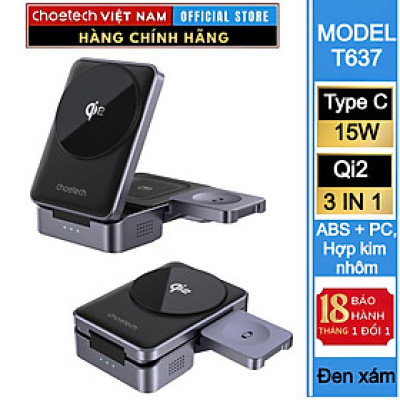Đế sạc nhanh không dây 3 in 1 công suất 15W Choetech T637 chuẩn Qi2 - Hàng chính hãng