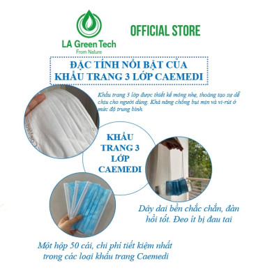 Khẩu trang y tế CAEMEDI 3 lớp trắng cao cấp, kháng khuẩn, lọc bụi bẩn đạt chuẩn BFE, FDA xuất khẩu Châu Âu - Hộp 50 cái
