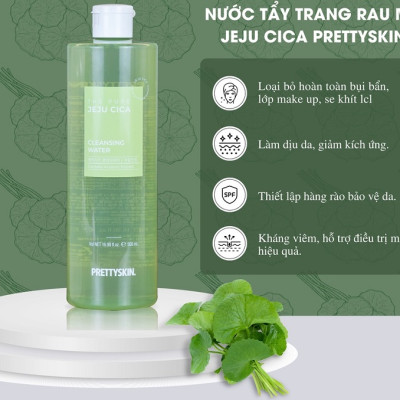 Nước Tẩy trang Rau Má Cho Da Dầu Mụn Pretty Skin The Pure Jeju Cica Cleansing Water 500ml