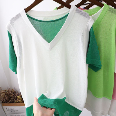 áo thun nữ hai mảnh vải mỏng len dệt kim ngắn tay freesize