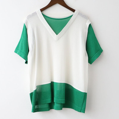 áo thun nữ hai mảnh vải mỏng len dệt kim ngắn tay freesize