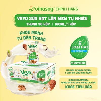 Thùng Sữa hạt Veyo lên men tự nhiên Vị Nguyên bản Ít đường (30hộp x 180ml)
