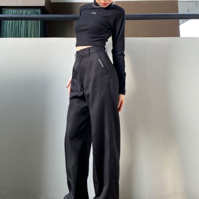 LAAS Quần ống đứng tag túi đen thanh lịch sang trọng